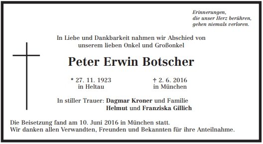 Botscher Peter Erwin 1923-2016 Todesanzeige